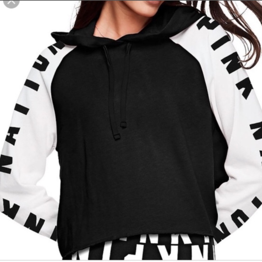 VS PINK NATION CROPPED BLACK AND WHITE  HOODIE